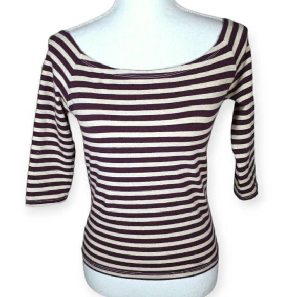 KAIMISETA TAUPE/BROWN/PURPLE & CREAM STRIPE SHIRT SZ.S EUC. - Picture 1 of 5